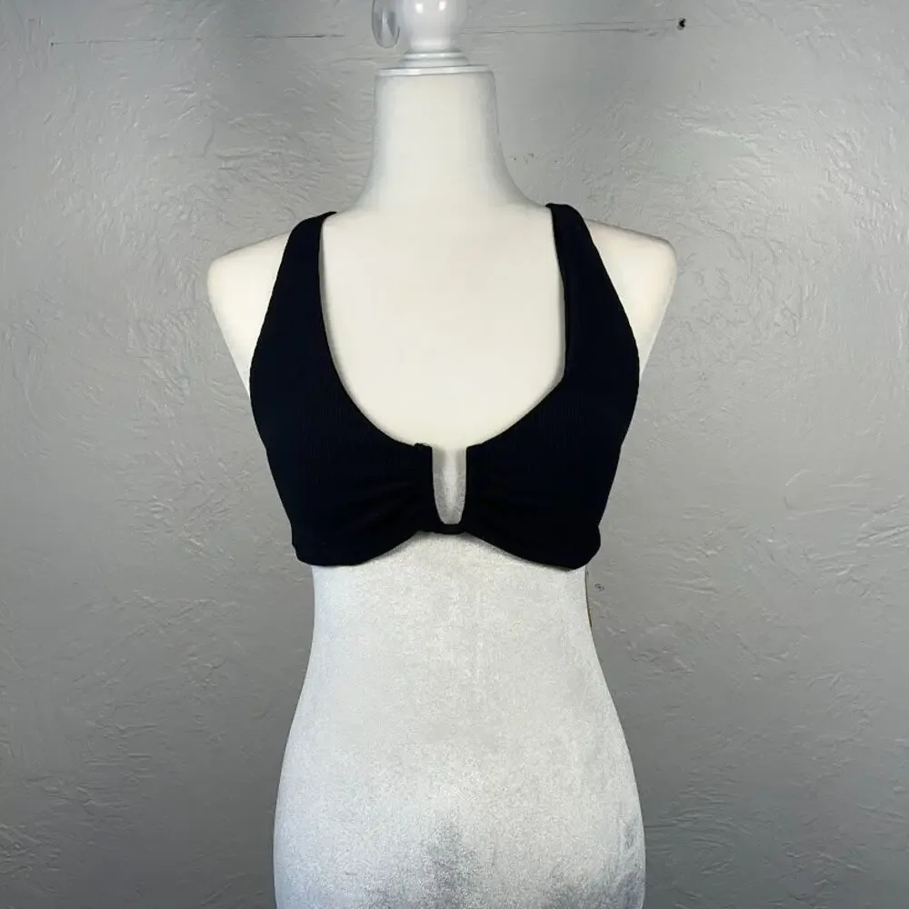 NWT Berlook Black U-Ring Ribbed Cross Back Bikini Swim Top L
